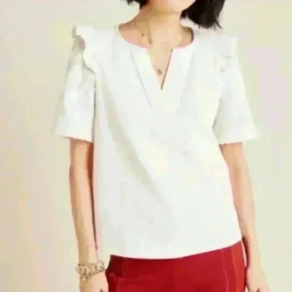 Anthropologie RARE Jacquie Lace Sleeved Top SM by Current Air Ivory Split V Neck - Picture 7 of 10